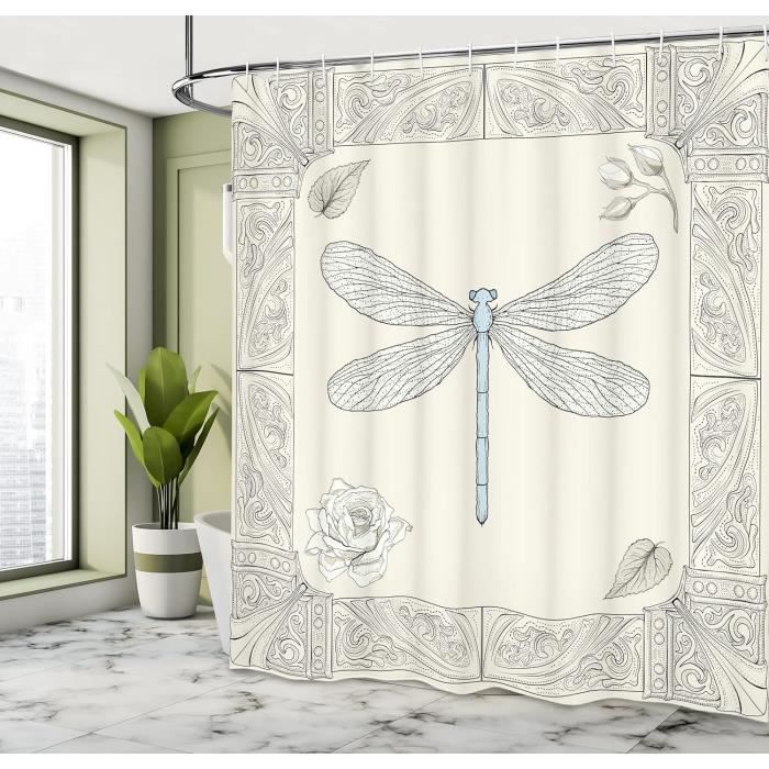 SDOTPMT 152x183cm Lotus Fleur Rideau de Douche Mignon Libellule Zen Spa Rideau de Bain Élégant Floral Spirituelle Méditation Rideau de Baignoire Étanche pour Salle de Bain avec Crochets