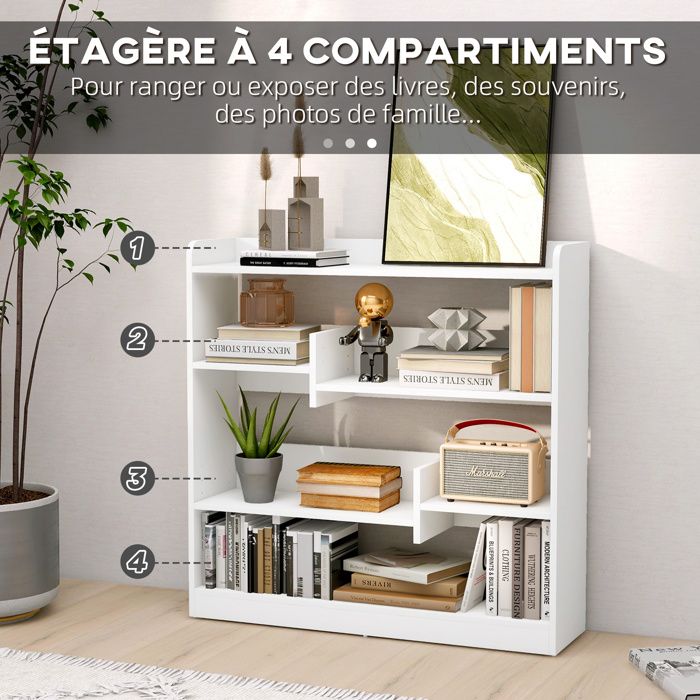 Bibliothèque à 4 Niveaux Étagère De Rangement Avec Placard 2 Tiroirs 53 X 40 X 133 Cm