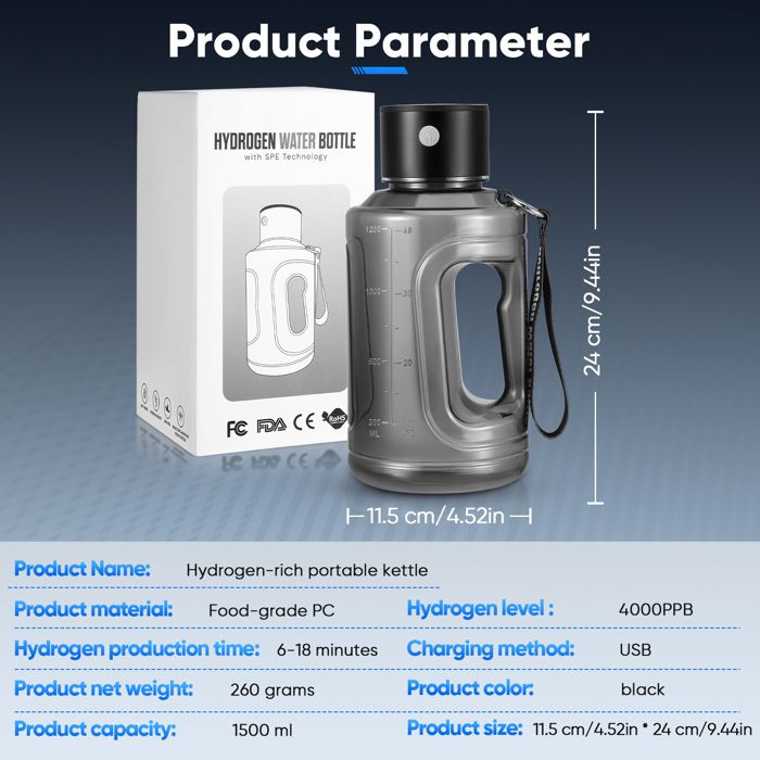 Bouteille Eau Hydrogène Portable 430ml - Générateur Hydrogène 3 Minutes Anti-Âge USB