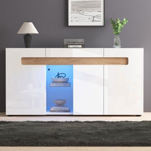 Buffet Salon - Bahut avec éclairage LED - Buffet moderne 3 portes - Meuble de rangement - Blanc finition brillante - 140x40x70 cm