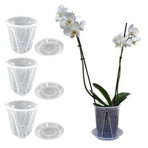 JARDINIÈRE - BAC A FLEUR Lot de 3 Pots pour Orchidées en Plastique Rigide Transparent Diamètre 14 cm, Vases avec Trous de Drainage et Soucoupe
