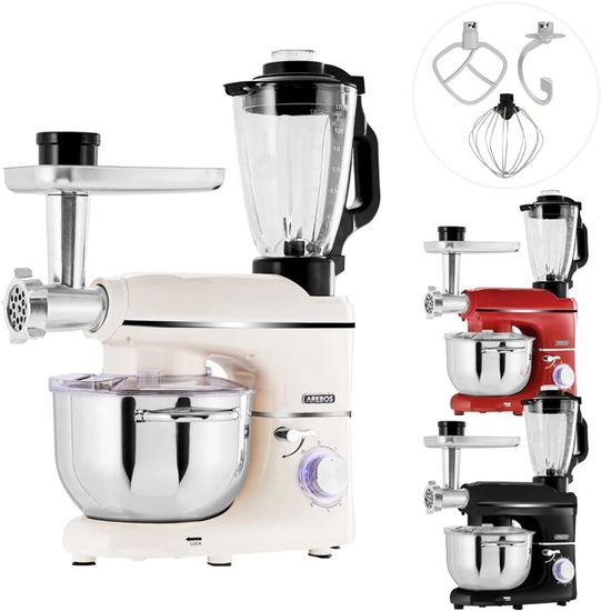 AREBOS 6 en 1 Robot cuisine multifonction 1500W | Crème | Robot pâtisserie | Mixeur et hachoir à viande | machine à pâtes | 6