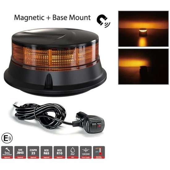 Gyrophare LED Magnétique D-TECH 12/24V - Lumière Ambrée Clignotante - Pour Camion, Tracteur, Remorque - Prise Allume-Cigare - Homologué ECE R65