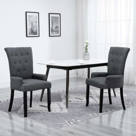 Chaise de salle à manger avec accoudoirs - OVONNI - Gris foncé - Tissu - Bois massif - Contemporain - Design