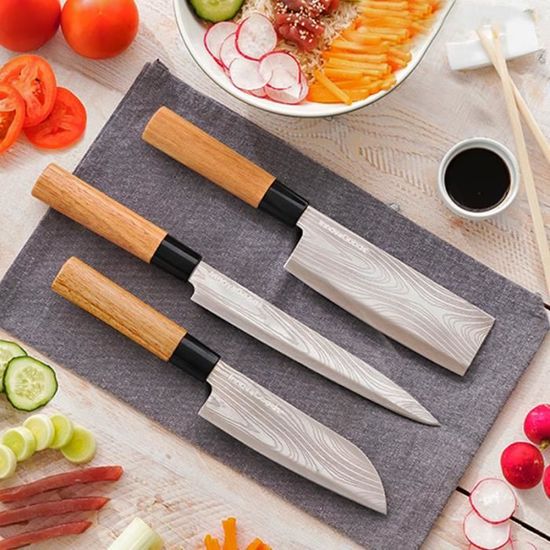 SHOP-STORY - DAMAS : Ensemble de 3 Couteaux de Cuisine Japonais, Manches en Bois, Lames en Acier Inoxydable et Housse de Protection