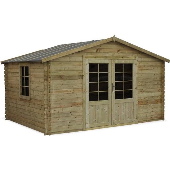 Abri de jardin traité autoclave classe 3, SERRE CHEVALIER en bois FSC de 12,9 m², structure en madriers 28 mm, sapin du nord