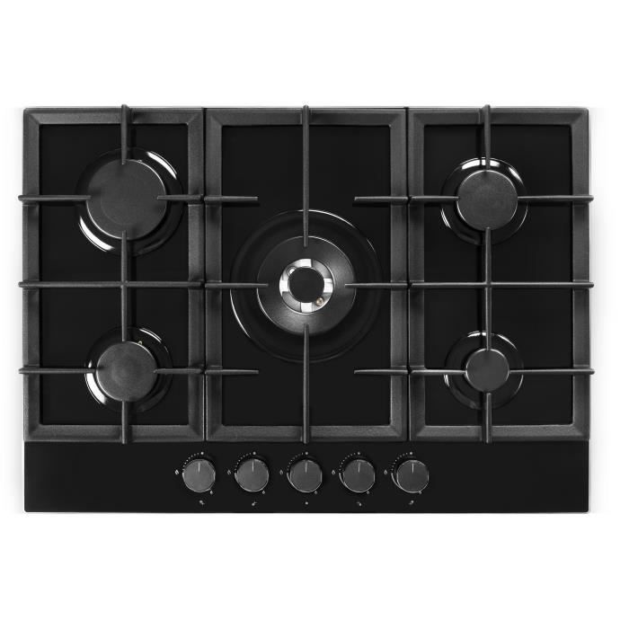 AMSTA - AMTG5FWB - Table de cuisson gaz - 5 foyers - 70 cm - 11700 watts - Surface verre - Support en fonte - Noir