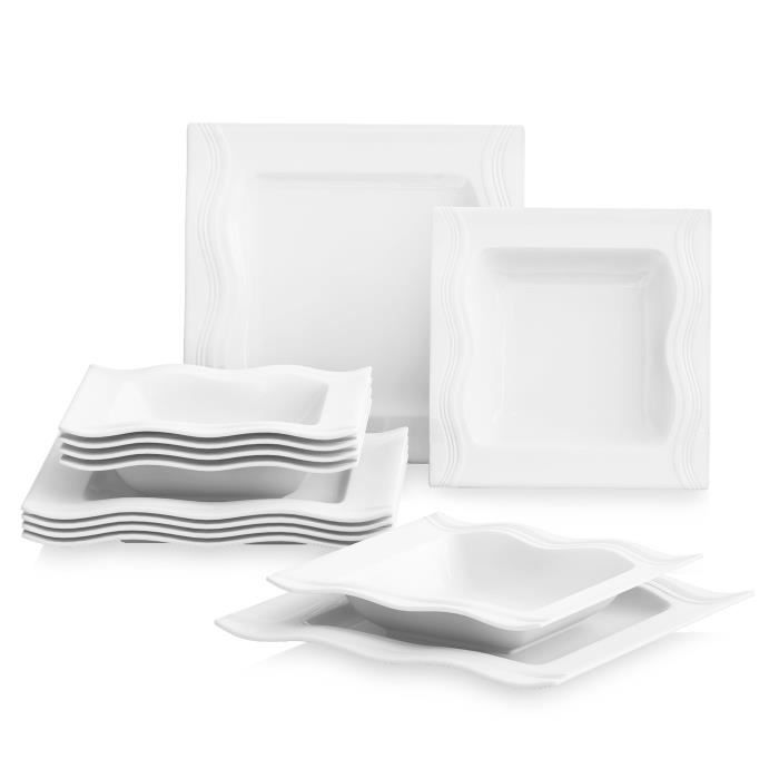 MALACASA Série MARIO, 12pcs Service de Table Porcelaine, 6 Assiette Creuse à Soupe 6 Assiettes Plates Plat Céramique -Blanc