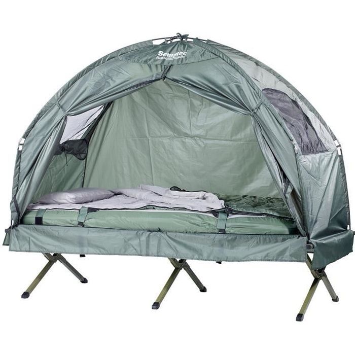 Tente surélevée avec lit de camp, sac de couchage et matelas