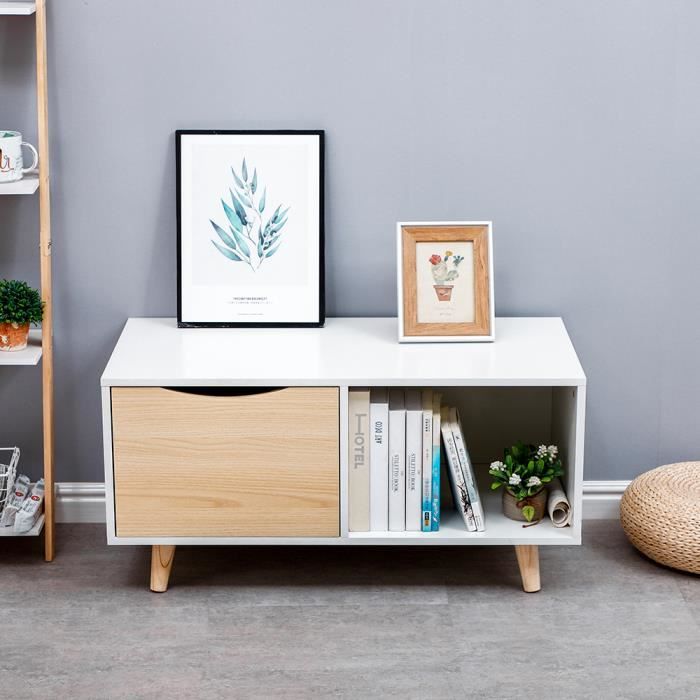 Table basse rectangulaire style scandinave laquée blanc brillant avec plateaux en bois- 90x45x43cm