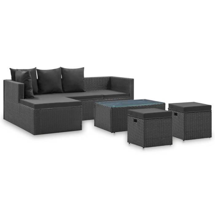 4 pcs Salon de jardin Noir avec coussins - Résine tressée - Ensemble Canapé Fauteuil - 1 table basse 2 pouf 1 canapé d'angle