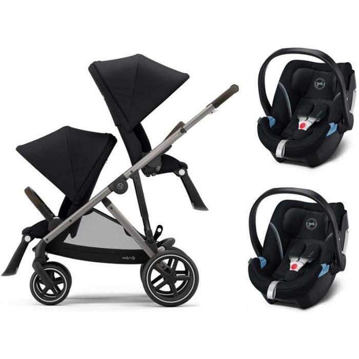 CYBEX Gazelle S Jumeaux - Poussette (6+) avec deux siège auto - Pliage compact - châssis argent - Noir