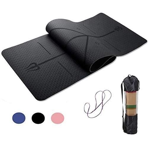Tapis de Yoga,avec Lignes d'alignement du Corps,en TPE Matériaux, Antidérapant et Durable - Noir- Y66
