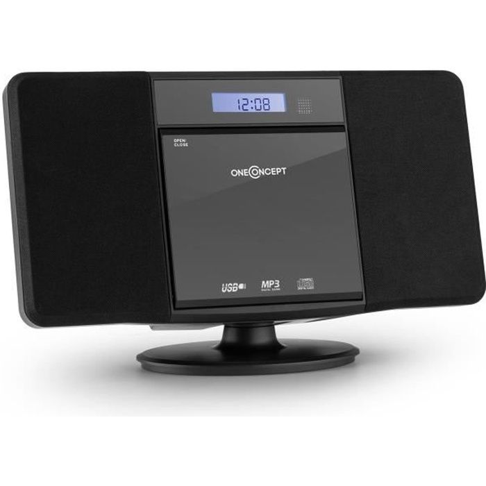 oneConcept V-13 Mini chaîne HiFi stereo ultra plate avec radio AM/FM , lecteur CD compatible MP3 , port USB , réveil et AUX - Noir