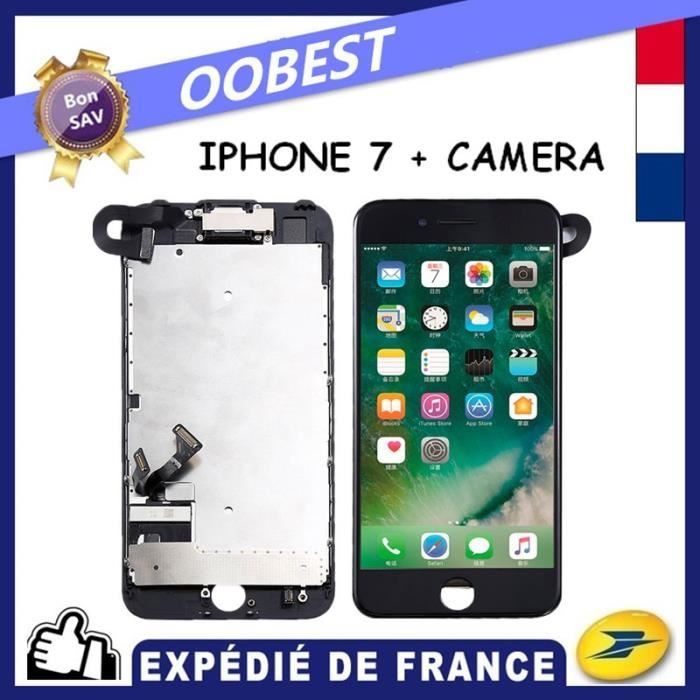 ECRAN COMPLET IPHONE 7 NOIR VITRE TACTILE + CAMERA LCD SUR CHASSIS