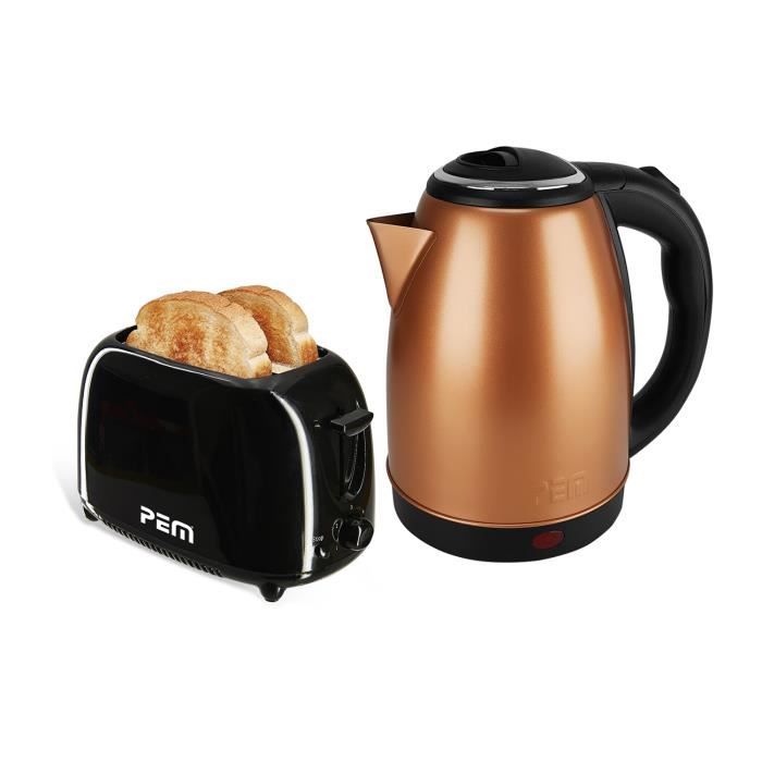 Bouilloire inox Cuivre 1500W 1.8L + Grille pain 2 fentes (2 tranches) 700W - 6 positions