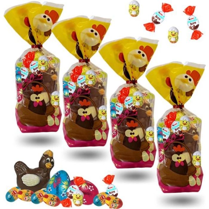 4 sachets Poule garnis de 20 chocolats : Kinder Schokobons, petits oeufs et moulages de Pâques