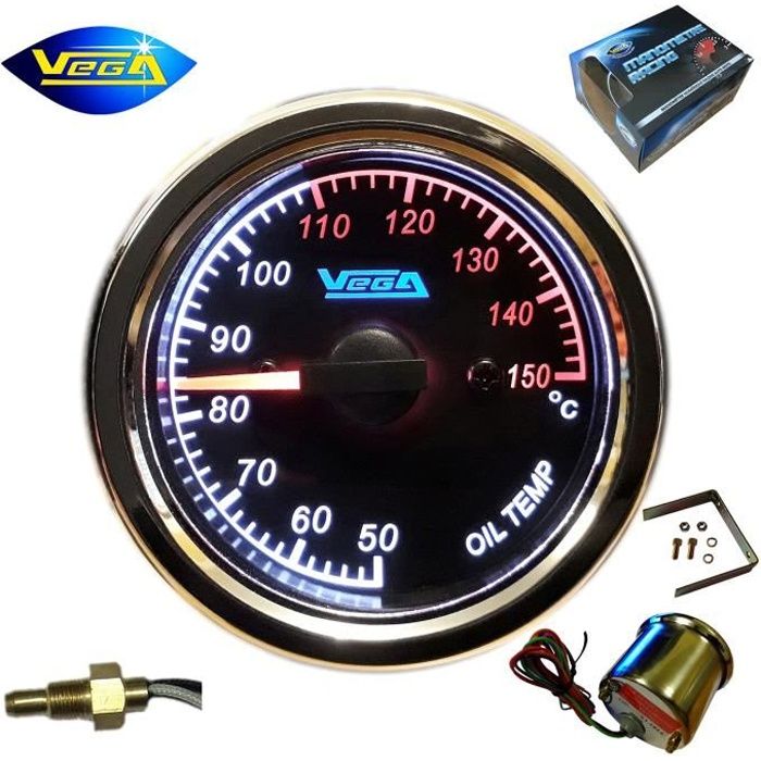 Manomètre Vega® température d'huile moteur inox étanche 50-150 °C moto bateau chromé retro-éclairé led 52 mm marque Française