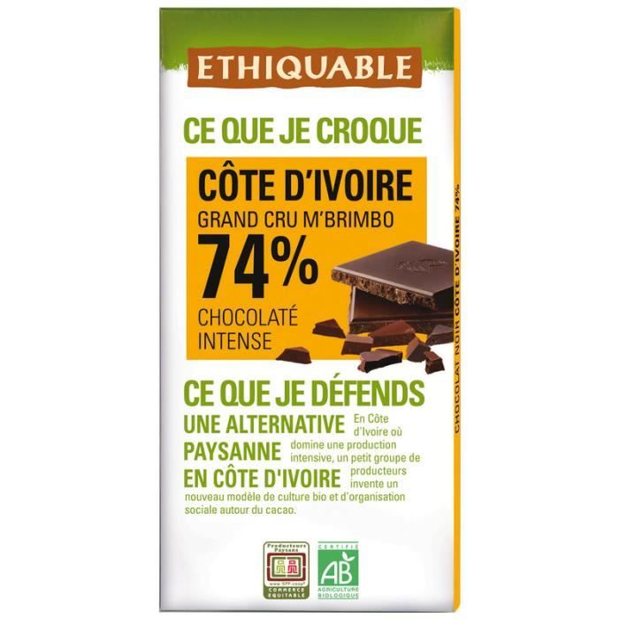 ETHUIQUABLE Chocolat Noir 74% Bio - 100g