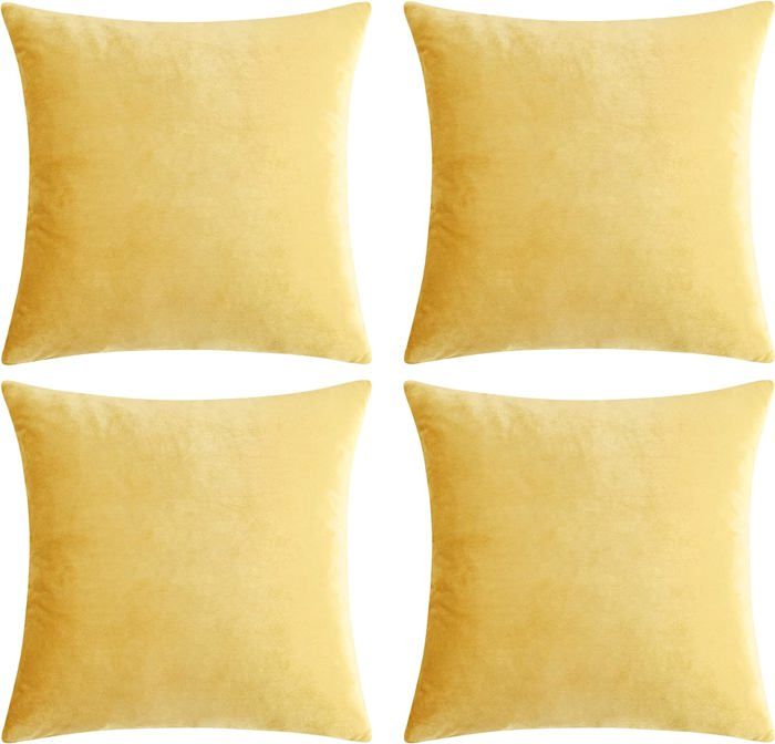 Lot de 4 Housses de Coussins en Velours Décoratif Canapé Taie doreiller Doux Decoration Maison Salon Chambre 45X45CM Jaune