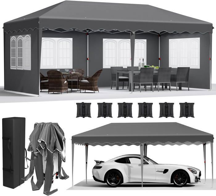 Tonnelle Pliante 3x6m Blanche - Toile 100% étanche + Parois Amovibles - Jardin, Camping, Fête