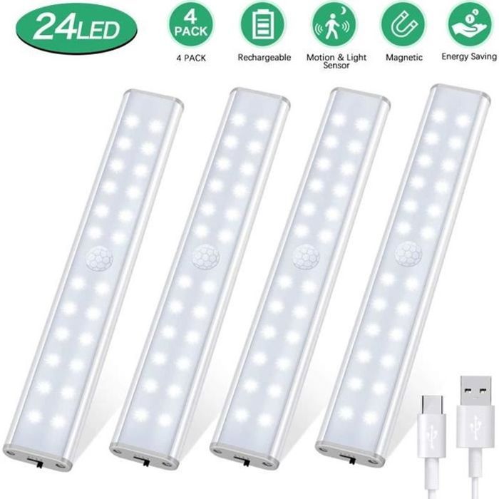 2 Lampes Placard LED Rechargeables - Détection Mouvement - 76 LED Luminosité Réglable - USB