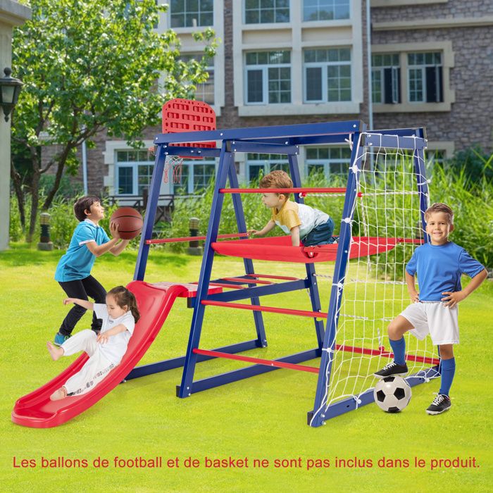 Aire de Jeux dEscalade Enfants 7 en 1 en Métal Toboggan Filet dEscalade et de Football Echelle de Corde Panier de Basket-Ball