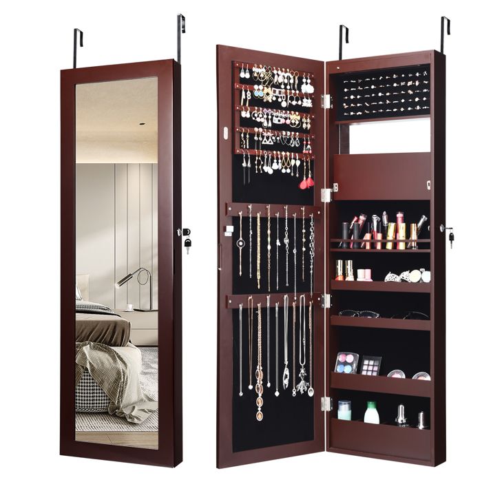 COSTWAY Armoire à Bijoux 120 CM avec Miroir et Lumières LED Conception Murale/sur Porte Porte Verrouillable avec 2 Clés Marron COSTWAY Armoire à Bijoux 120 CM avec Miroir et Lumières LED Conception Murale/sur Porte Porte Verrouillable avec 2 Clés Marron