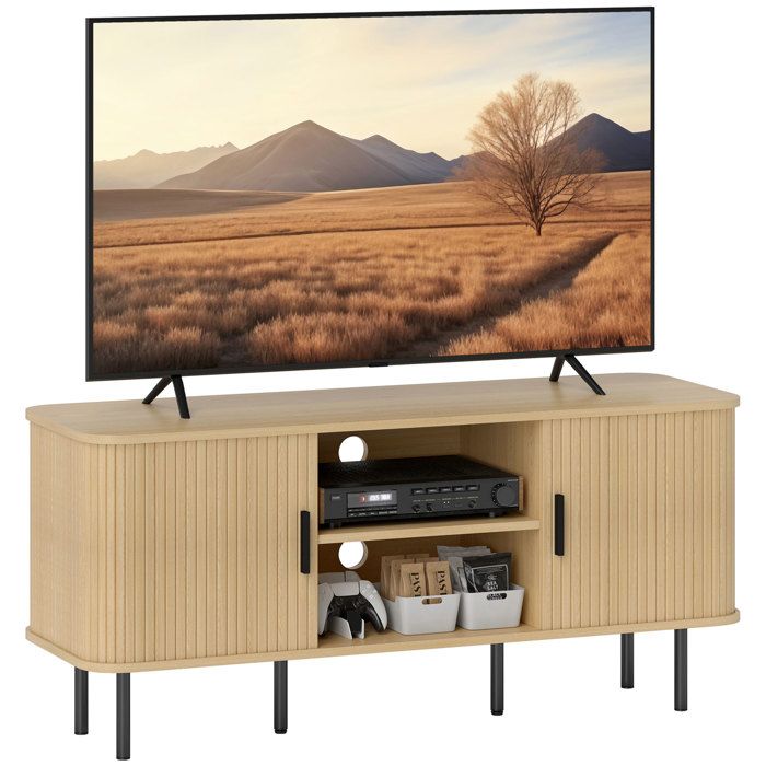Meuble TV - HOMCOM - 2 portes tambour à lamelles - design scandinave - pour télévision jusquà 55 pouces - ton chêne