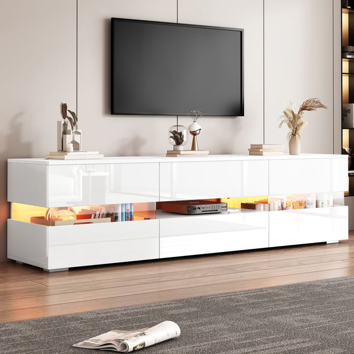 Meuble TV 160cm pour TV 70 avec LED - 2 portes & 1 tiroir - Blanc