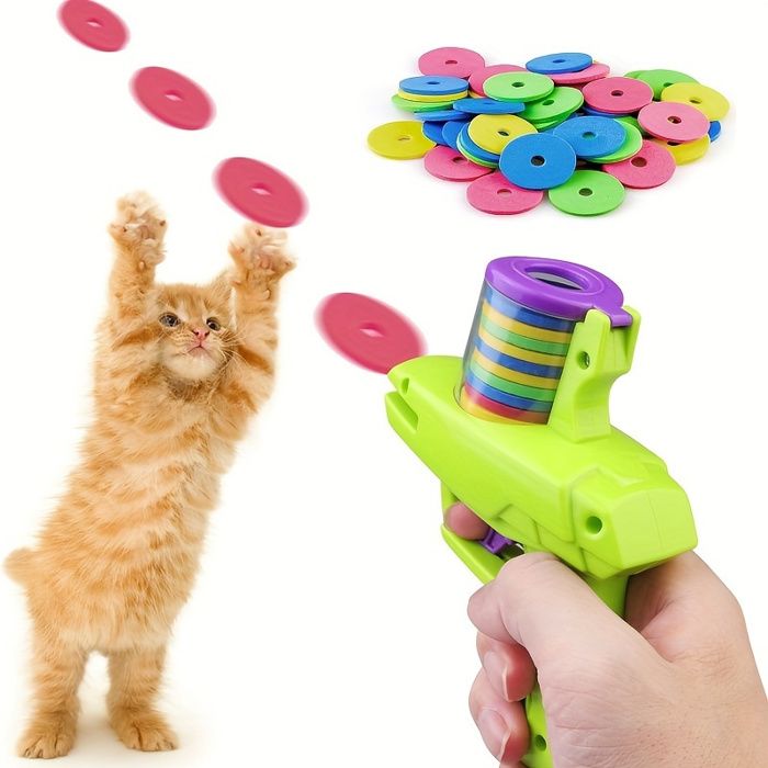 Meilleurs prix pour Lanceur interactif pour chat, 50 disques en mousse, jouet manuel sans batterie, plastique durable, idéal pour jeux extérieurs -
