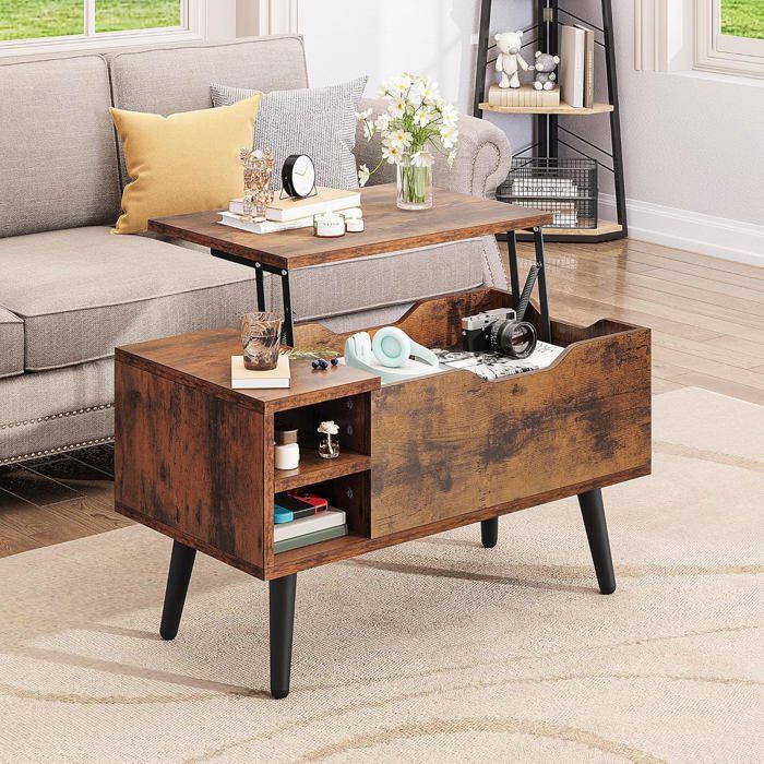 Table Basse Relevable Et Extensible YITAHOME - Avec LED, 2 Tiroirs, Plateau Pliant 90x50x51,5 Cm