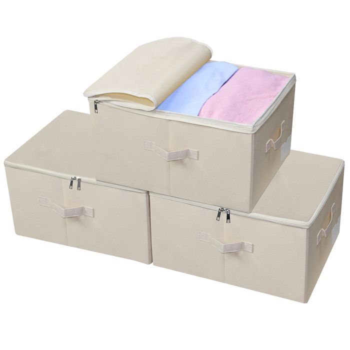 Bacs de rangement pliables pour vêtements et couvertures avec couvercle zippé boîtes de rangement pour garde-robe beige lot de 3