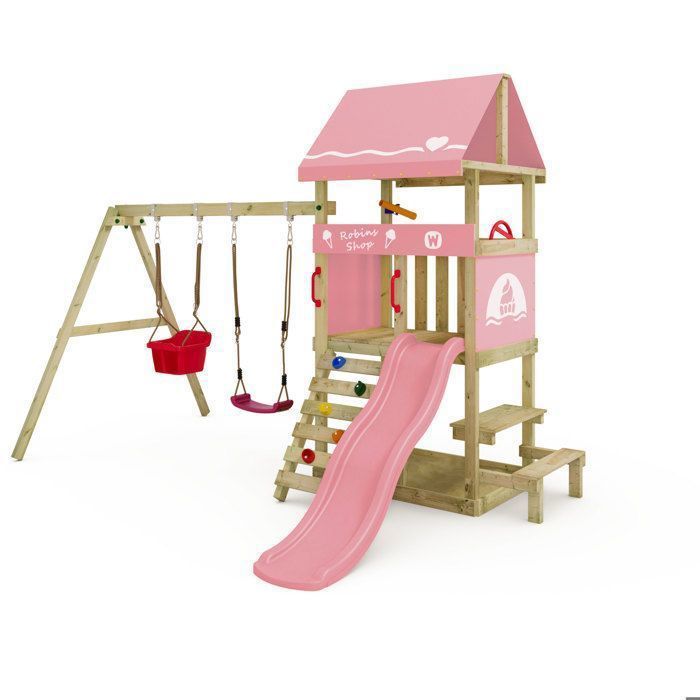 Aire de jeux WICKEY DinkyHouse – Toboggan rose pastel balançoire avec siège pour bébé et table de pique-nique pour les tout-petits