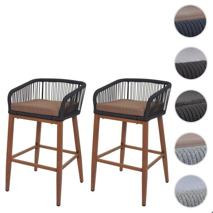 Lot de 2 tabourets de bar Rope HWC-O22 anthracite coussin taupe