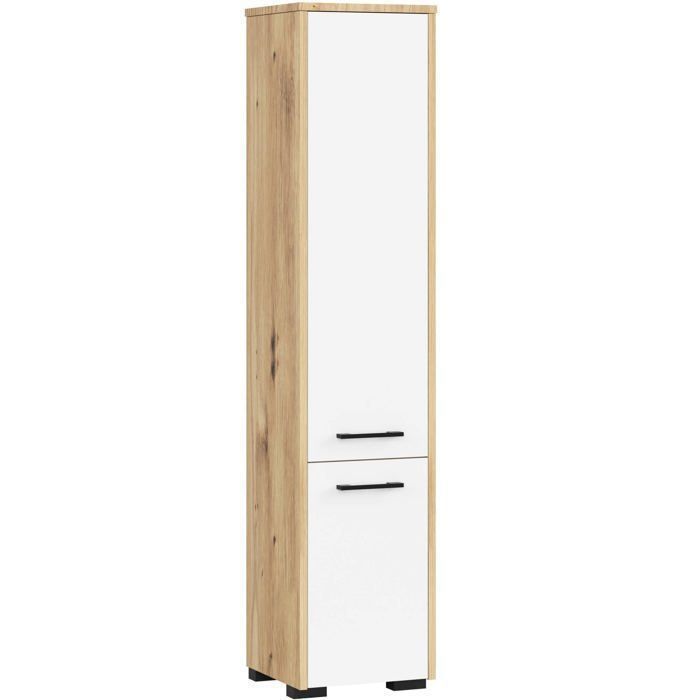 Colonne salle de bains AKORD FIN Chêne Artisan 30 cm 2 portes façade Blanche 5 étagères 30x30x140 cm