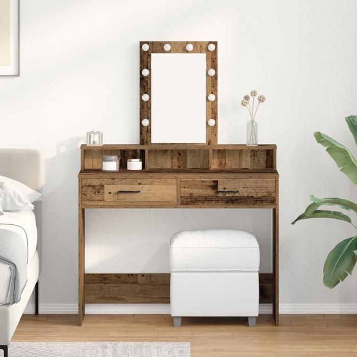 Coiffeuse - Vintage - Bois massif - 100x41x140 cm - Lumières LED intégrées