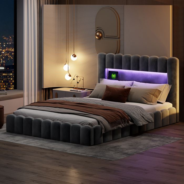Lit Coffre 180x200 Capitonné en Velours Gris Tête de Lit Connectée — free download