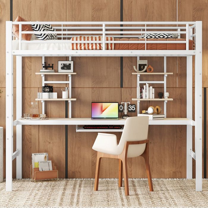Lit superposé en métal 90x200 cm lit enfant avec bureau et étagères pour enfants et adolescents - Certifié EN747 - Blanc