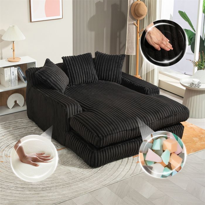 DRIPEX Canapé-lit moderne en velours côtelé avec 3 coussins moelleuxCanapé ParesseuxCanapé poufNoir125×155×63cm