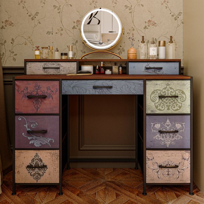 Coiffeuse - DREAMMESPACE - 120x40x90cm - 9 Tiroirs en Tissu - Étagère Intégrée - Marron