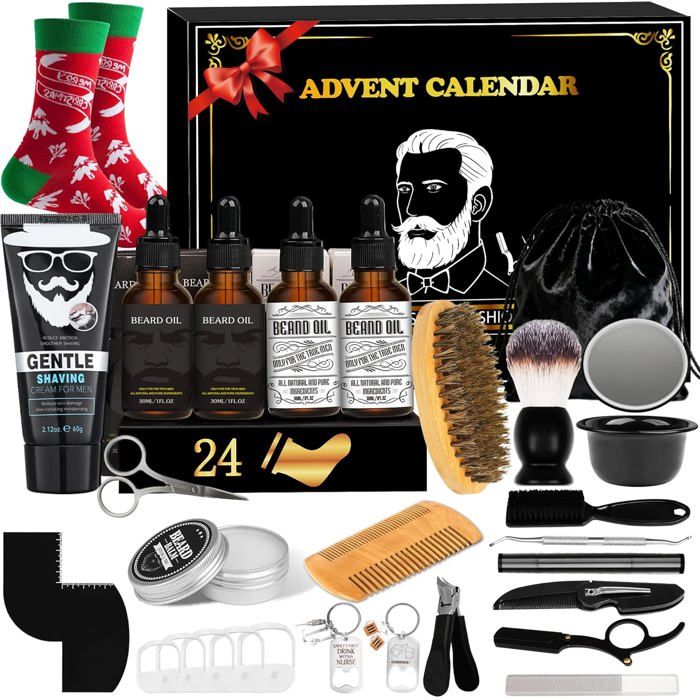 Calendrier De L'Avent Homme 2024 - Kit Soins Barbe 24 Jours - Cadeau Noël Luxe