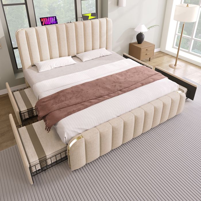 Lit rembourré 180x200 beige en lin tête à rayures dorées avec port USB‑C sommier à lattes 4 tiroirs (sans matelas)