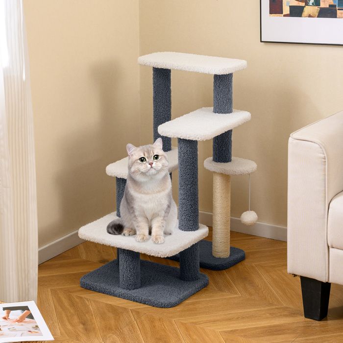 2 en 1 Arbre à Chat Multi-Niveaux 77cm COSTWAY Griffoir en Jute Sisal 3 Plateformes Tour à 4 Marches pour Lits Surélevés Canapés