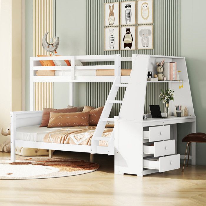 Lit superposé en bois 90x200 et 140x200 cm avec bureau intégré lit pour enfant avec 3 tiroir et rarde-corps renforcé blanc