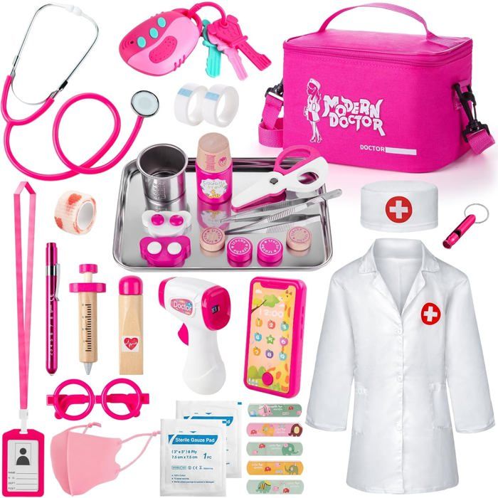 Rteonline Malette Docteur Enfant Jouet en Bois Jeux avec Stéthoscope Thermomètre Seringue Sac De Médecin Et Déguisement Docteur