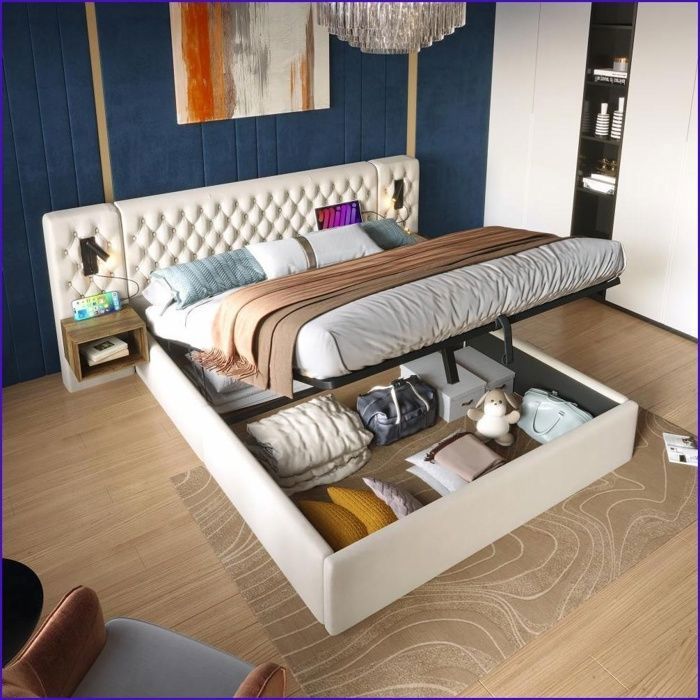 Ensemble chambre lit 180x200 cm avec chevets et rangement hydraulique beige velours