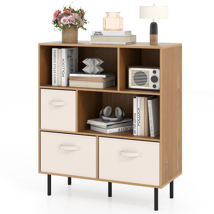 GIANTEX Bibliothèque à 6 Cubes- 3 Tiroirs Pliants en Tissu- Pieds en Métal- Commode à 3 Niveaux- Salon Chambre- 90x40x105cm-Naturel