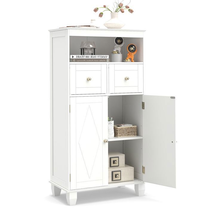 COSTWAY Colonne Salle de Bain avec 2 Tiroirs Placard à 2 Portes Compartiment Ouvert Étagère Réglable pour Salon Cuisine Blanc