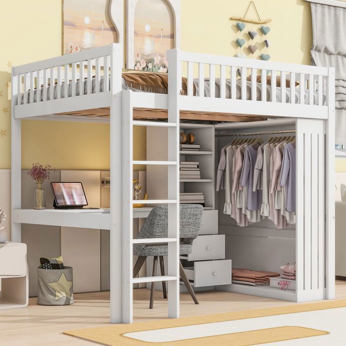 Lit mezzanine enfant - MERAX - 140x200 cm - Pin massif & MDF - Bureau intégré - Armoire + 3 tiroirs